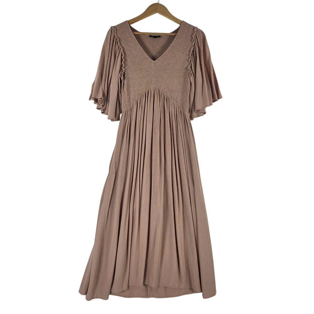 Mittoshop Women Boho Beige Smocked V-Neck Ruffle Flutter Sleeve Rayon Dress M
